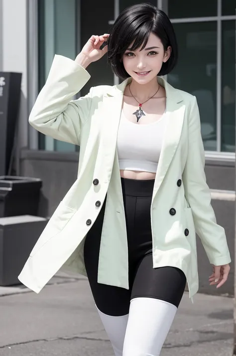 an adult female student with short black hair, light green eyes, tribal tattoo that goes from the neck to the tip of the chin, pale skin, athletic body, white sneakers with red details, black pants and white coat and a white bracelet on the left arm , with...