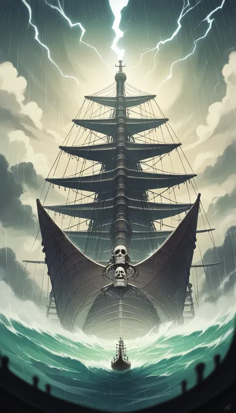 maximum sharp focus,ultra high quality, ultra realistic,ultra high resolution,ultra detailed,intricate details,64K UHD,octane renderings,cinematic shot,depth of field,night time , arial view above air upon a colossal-size giant skeleton wearing pirates out...