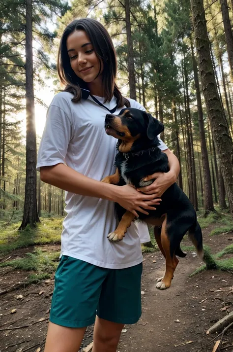 One hand tourch with dog in forest