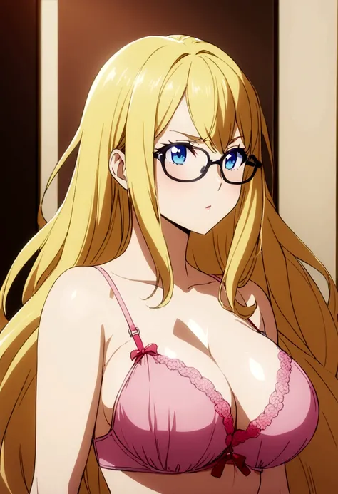 1 girl, upper body , pink bra , long hair, big cheest , anime girl, adult girl, blue eyes, yellow hair, glasses ,