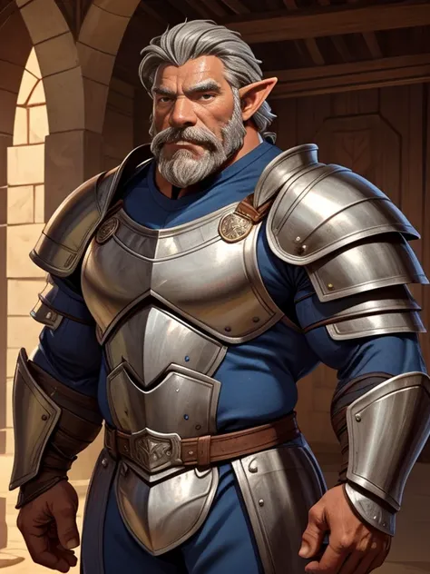 burly virile hairy elf, in a suit of armor, a himbo muscle daddy, middle-aged dilf, hirsute, overmuscular and musclebound, bulging veiny muscles, a warriors build, a bodybuilders physique, long bushy and a thick mustache, a square jaw, handsome and dreamy,...