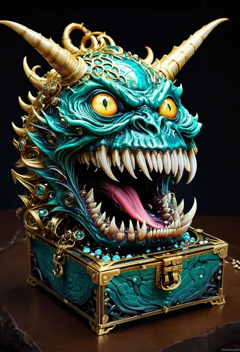 Mimic，Treasure Box Monster，Weird tongue and nasty teeth. Scattered jewelry, by Tang Yau Hoong, best quality, masterpiece, very aesthetic, perfect composition, intricate details, ultra-detailed