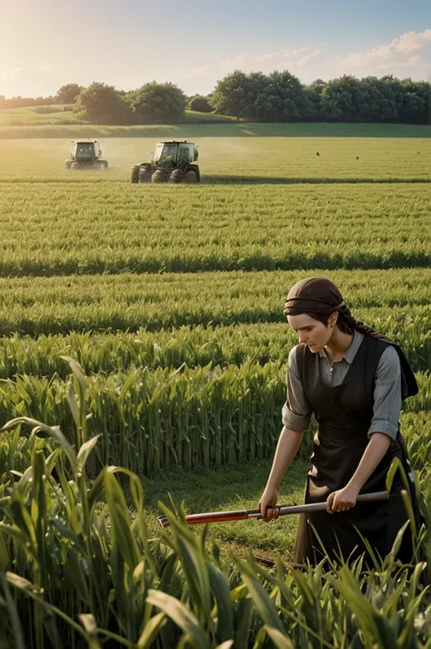 Create a realistic image of Ruth (biblical character) picking ears in a field, while the reapers, they mow it. 