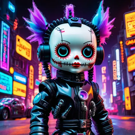 (knitted toy voodoo doll: 1.6), (Voodoo Cyber-Goth: 1.3), (clothing Suit made of shiny latex with neon inserts, mask with LED backlight: 1.0), (Cybernetic implants, holographic screen: 1.1) (against the background Neon city with gothic elements, flying car...