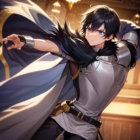 Teenage boy with his bangs on the side yelling wearing a knight armour with a fur cape beating up a short haired emperor 