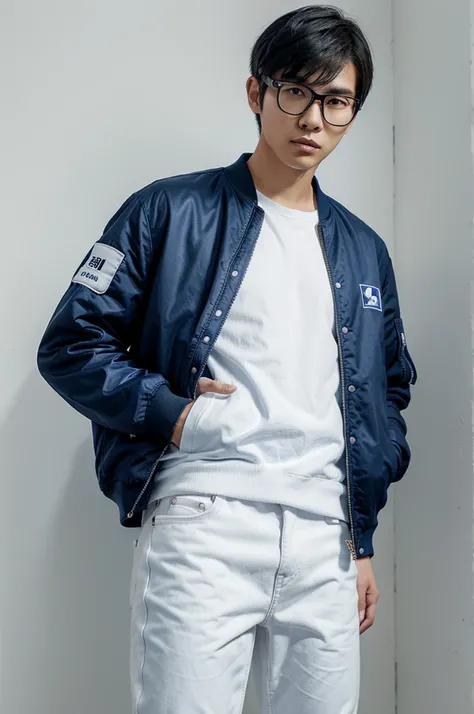 20 year old Korean man wearing blue baseball bomber jacket number 19 black jeans Jordan shoes blue air season photo white background cool style wearing blue glasses