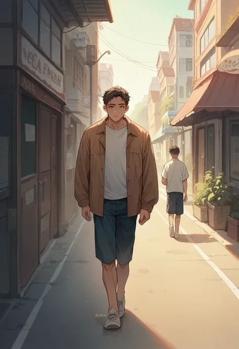 25 year old boy walking down the street in Madrid, dark brown hair, medium short and combed back, dressed in summer clothes.