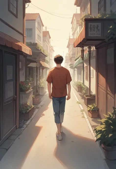 25 year old boy walking down the street in Madrid, dark brown hair, medium short and combed back, dressed in summer clothes.