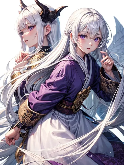 ((masterpiece)), (((best quality))), (character design sheet, same character, front, side, back), Illustration, 1 boy, teenager, long hair, white hair color, bangs, hairstyle fax, albino, purple eyes, beautiful eyes, cute face, environment change, flute, h...