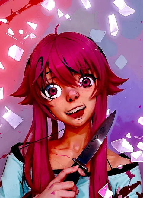 anime girl with pink hair holding a knife in her hand, Gapmoe Yandere, [[[[smiling evilly]]]], in anime style, in an anime style, Mirai Nikki, anime moe art style, with pink hair, trigger anime art style, Gasai Yuno, Gasai Yuno, By Shingei, Animated art st...