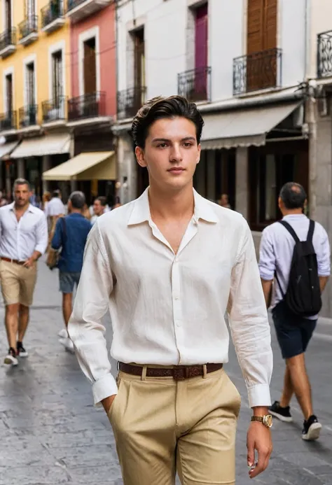 25 year old boy walking down the street in Madrid, dark brown hair, medium short and combed back, dressed in summer clothes.