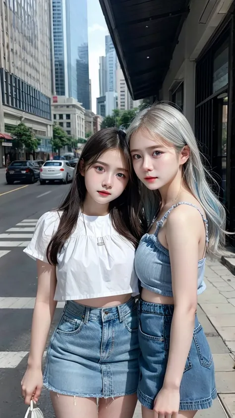 (2 girls), Indonesian baby face, 12 years, white skin, Round breast, blue eyes, in the city, silver hair, 8K, The details are very realistic...., The best of photography Wear a jeans skirt....