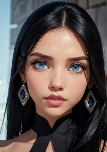 A perfect asymmetrical and detailed face, blue eyes ,black hair, beautiful full body portrait 1.2 esbelta Grandes guide 