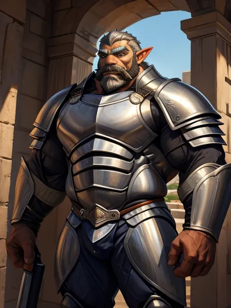 burly virile hairy elf, in a suit of armor, a himbo muscle daddy, middle-aged dilf, hirsute, overmuscular and musclebound, bulging veiny muscles, a warriors build, a bodybuilders physique, long bushy and a thick mustache, a square jaw, handsome and dreamy,...