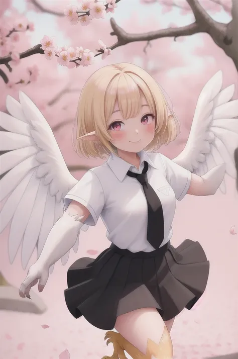 masterpiece, best quality,ultra detail, ,from above,waving at viewer,(1girl,20s,mature female),happy,white shirt,black standard tie,short sleeves,white school skirt,short hair,blonde hair,pointy ears,((harpy,harpy wings)),cherry_blossoms((blurry)), blurry_...