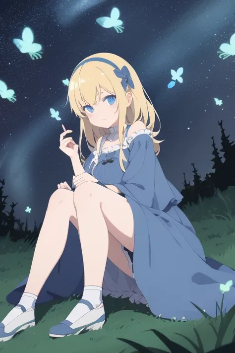 Big messy haired blonde anime woman with hairband, pale blue eyes, wearing blue dress with no sleeves, white stockings and little black shoes, sitting in the woods next to glowing mushroom surrounded by fireflies under the starry night sky 