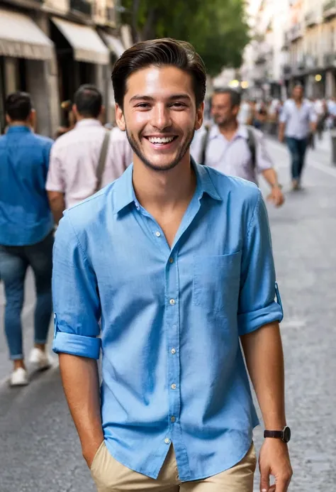 25 year old boy walking down the street in Madrid, dark brown hair, medium short and combed back, dressed in summer clothes with a big smile. wearing a blue shirt.