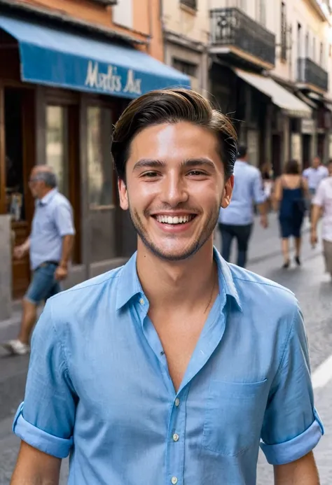 25 year old boy walking down the street in Madrid, dark brown hair, medium short and combed back, dressed in summer clothes with a big smile. wearing a blue shirt.