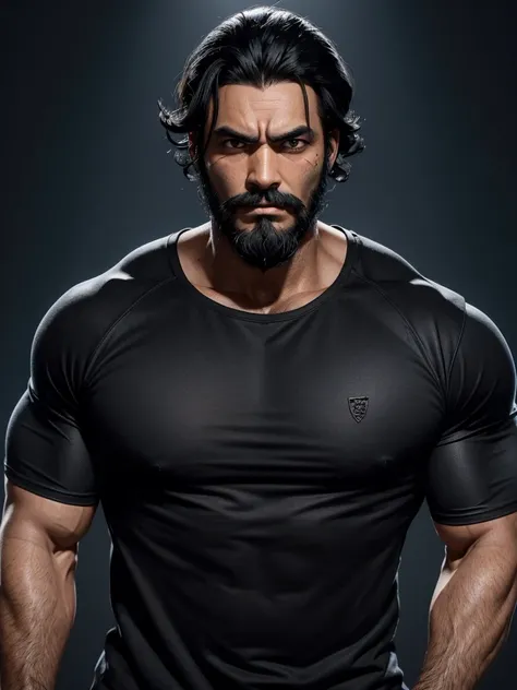 man about 35, dark skin, Blackbeard, black hair neatly styled back, scar on his left eye, sapphire eyes, black tight t-shirt, pumped up body