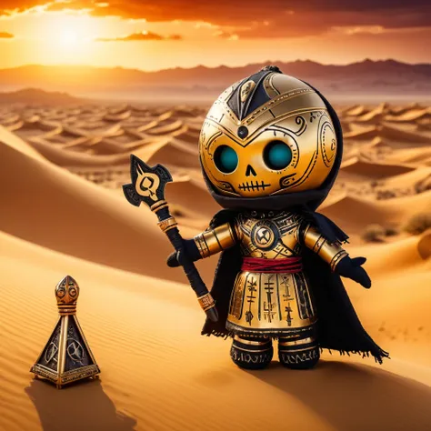 (knitted toy voodoo doll: 1.6), (Voodoo Guardian of Eternity: 1.3), (clothes Golden armor with gothic patterns, long cloak: 1.0), (Hourglass, shield with ancient symbols: 1.1) (against the background of the Desert of Time, a giant hourglass and an eternal ...