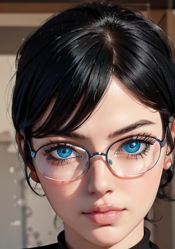 A perfect asymmetrical and detailed face, blue eyes ,black hair, beautiful full body portrait 1.2 esbelta Grandes guide ,glasses