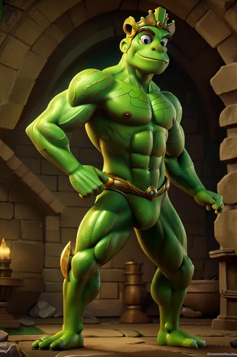 A muscular frog prince, highly detailed, 1 frog, amphibian, male, handsome, heroic pose, ripped muscles, green skin, crown, palace background, fantasy, cinematic lighting, dramatic, hyper realistic, 8k, detailed facial features, piercing eyes, photorealist...