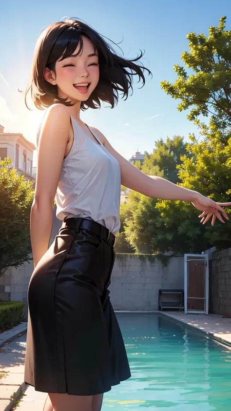 A beautiful black-haired woman laughing in the morning sun