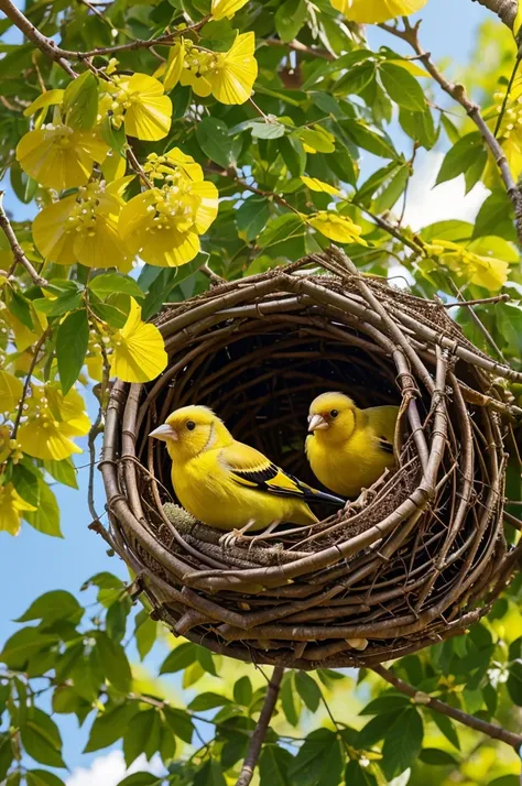 Draw a laburnum tree in full bloom
With a gold finch, a hidden nest, and in the nest there should be chicks