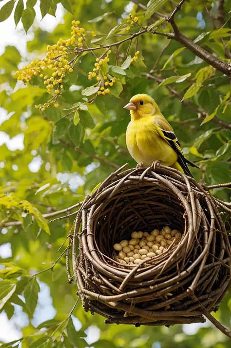 Draw a laburnum tree in full bloom
With a gold finch, a hidden nest, and in the nest there should be chicks