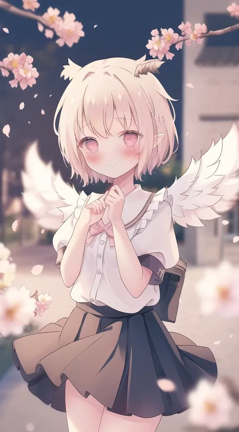 (1girl,20s,mature female),happy,white shirt,black standard tie,short sleeves,white school skirt,short hair,blonde hair,pointy ears,((harpy,harpy wings)),cherry_blossoms((blurry)), blurry_foreground, depth_of_field, blurry_background, petals, smile, solo, s...