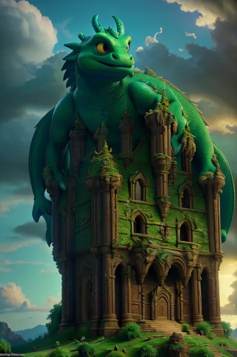 A muscular green dragon, extremely detailed, climbing up a giant beanstalk castle in the clouds, hyperrealistic, cinematic lighting, dramatic scene, fantasy art, epic scale, dramatic lighting, vibrant colors, lush foliage, ornate architecture, intricate de...