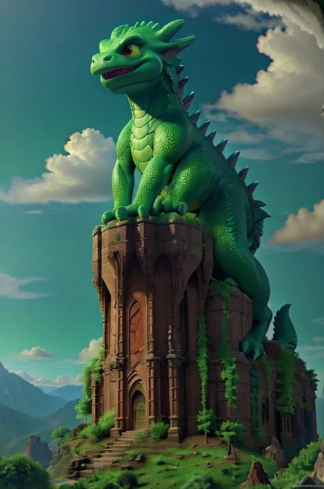 A muscular green dragon, extremely detailed, climbing up a giant beanstalk castle in the clouds, hyperrealistic, cinematic lighting, dramatic scene, fantasy art, epic scale, dramatic lighting, vibrant colors, lush foliage, ornate architecture, intricate de...