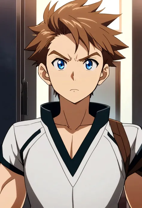 1 boy , brawn hair, blue eyes , upper body, anime boy , teenager boy ,eye brawes , down hair, 
