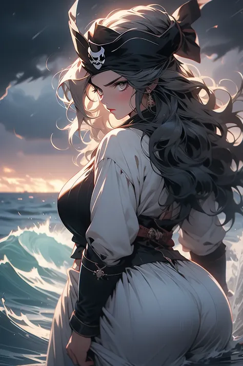 pirate girl, back hair, glowing eyes, at sea, storm, dark clouds, voluptuous, plump