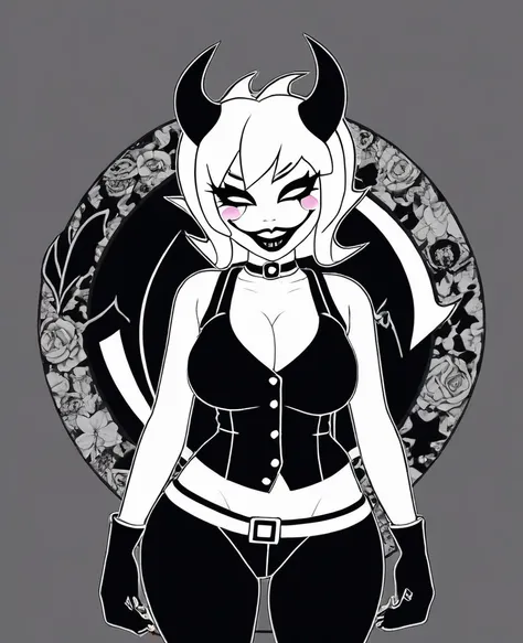 (best quality, masterpiece1.2), 1girl, solo, antro, cally3d, punk girl, club, white skin, (black body), (ink darling), horns, black horns, sharp teeth, devil tail, (writing on tank top that says "Darling"), devil tank top, risqué shorts, blush, woman, blac...