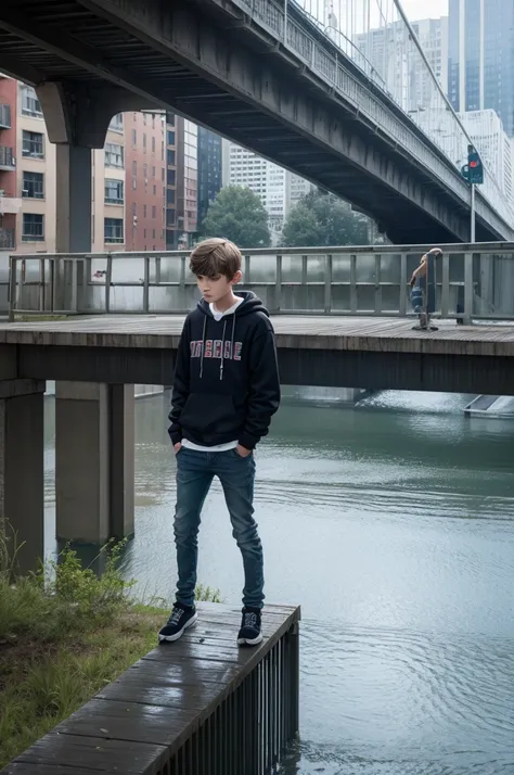 Create a depressed teenager about to jump off a bridge 