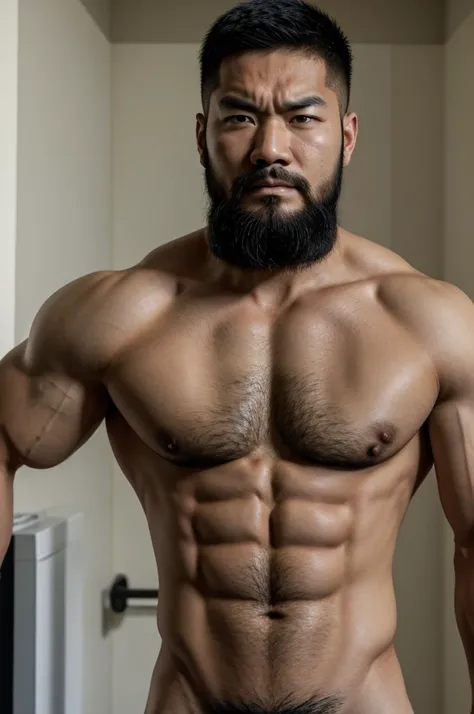 An Asian guy, bearded face, no hair, extremely angry eyes looking straight at the viewer. He was shirtless, revealing his hairy and muscular chest.He looks extremely strong and masculine. He was naked, frowning angrily and looking straight at the viewer