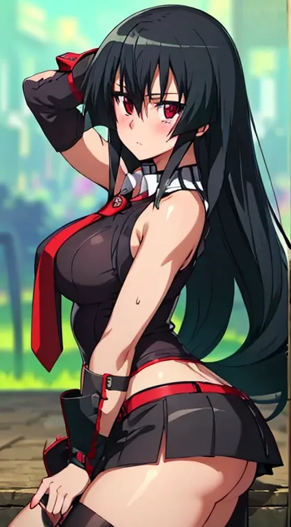 ((Masterpiece, best quality, high resolution, uhd, Pixel perfect, depth of field, 4k, RTX, HDR)), 1 girl, Single, alone, beautiful anime girl, beautiful art style, cartoon character, akame, style akame ga kill!, black collared shirt, red necktie, sleeveles...