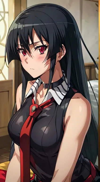 ((Masterpiece, best quality, high resolution, uhd, Pixel perfect, depth of field, 4k, RTX, HDR)), 1 girl, Single, alone, beautiful anime girl, beautiful art style, cartoon character, akame, style akame ga kill!, black collared shirt, red necktie, sleeveles...