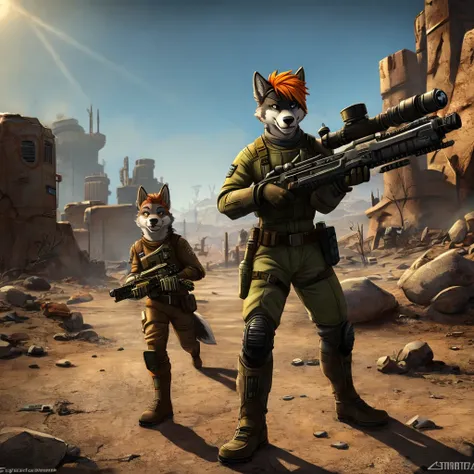 Gray husky with orange hair, fallout, laser rifle on back, pipboy, New Vegas 