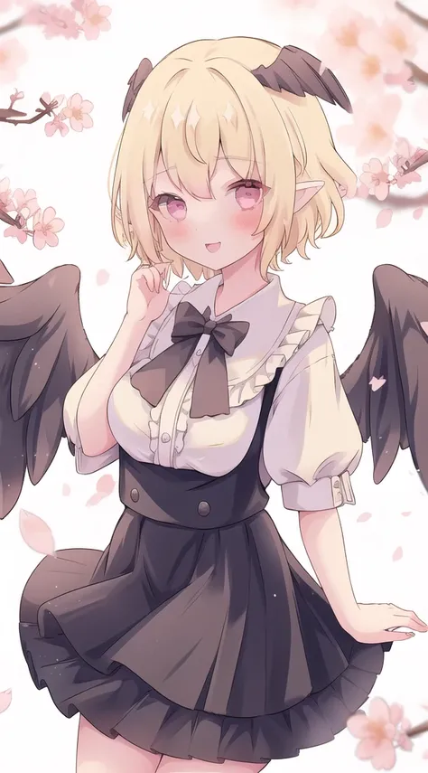 (1girl,20s,mature female),happy,white shirt,black standard tie,short sleeves,white school skirt,short hair,blonde hair,pointy ears,((harpy,harpy wings)),cherry_blossoms,blurry,
