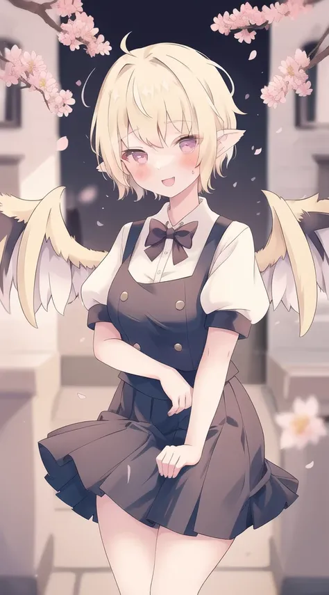 (1girl,20s,mature female),happy,white shirt,black standard tie,short sleeves,white school skirt,short hair,blonde hair,pointy ears,((harpy,harpy wings)),cherry_blossoms,blurry,
