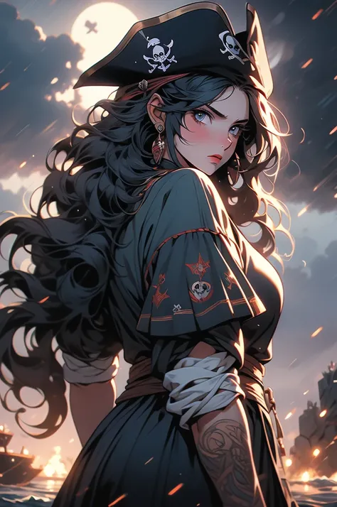 pirate girl, back hair, glowing eyes, storm, dark clouds, voluptuous, plump