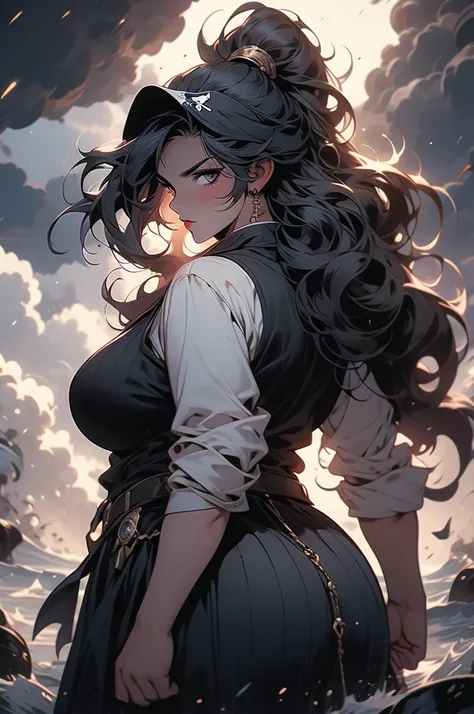 pirate girl, back hair, glowing eyes, storm, dark clouds, voluptuous, plump