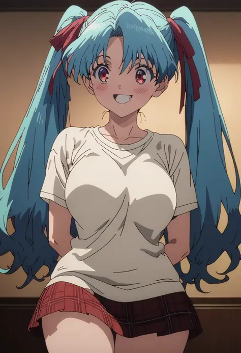 cel-shaded, 1990s anime, detailed, high quality, atmospheric, masterpiece, best quality, very aesthetic, absurdres, anime screencap, miku. 1girl, solo, red eyes, detailed eyes, blue hair, twintails, long twintails, hair ribbons, , miniskirt, plaid miniskir...