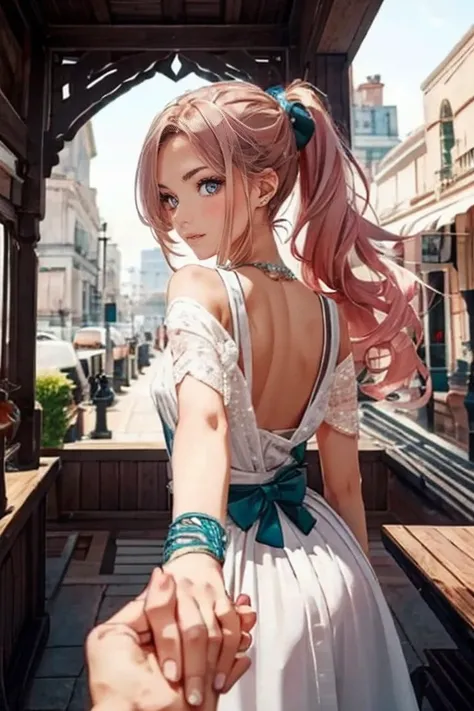 masterpiece, best quality, female, long_ponytail pink color hair, hair over one eye, back facing viewer, detailed beautiful eyes, detailed gorgeous face, perfect anatomy, very cute, dynamic pose, perfect shading, dramatic lighting, rendered in 8K resolutio...