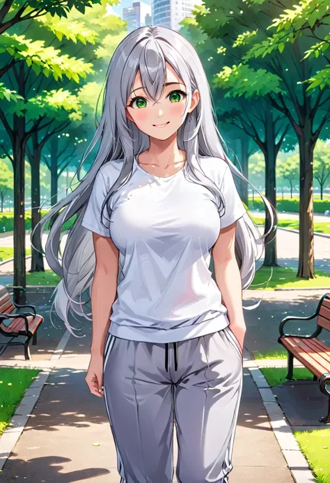 Pretty asian woman, bright silver hair, long hair, green eyes, busty, sweat pants and a white t shirt, cute, anime style, standing center of a park, empty environment, smiling