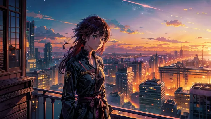 wide view, A girl stands on a balcony watching an anime scene from the city, Your name, your name movie style, beautiful girl, red hair, long hair, anime movie backgrounds, ( ( Makoto Shinkai ) ), Kimi no Nava, Makoto Shinkai, Makoto Shinkai!, Cosmos Sky. ...