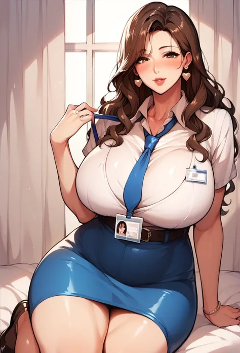 Hot sexy beautiful  milf mom ,heart earrings,brown hair,blush,brown  eyes,  ,wavy blunt hair, lipstick,huge
 breasts ,white shirt,blue skirt,tie,id card,socks,shoes,belt