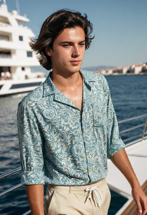 25 year old boy walking down the street in Madrid, dark brown hair, medium short and combed back, his hair is wavy, dressed in beach clothes on a yacht in the Mediterranean.